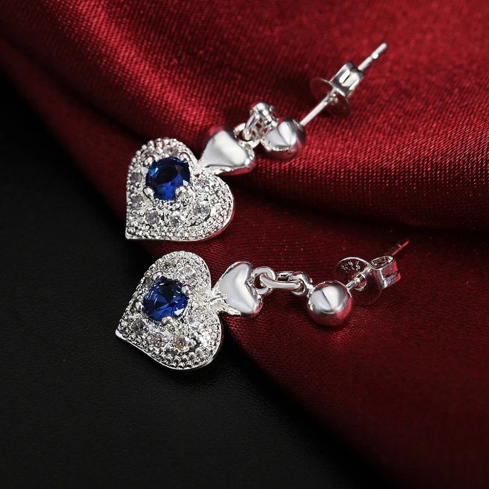 Beautiful 4 Pc Set Sapphire Heart Pendant & Earrings, w.18 Chain Sterling Silver - Picture 8 of 10